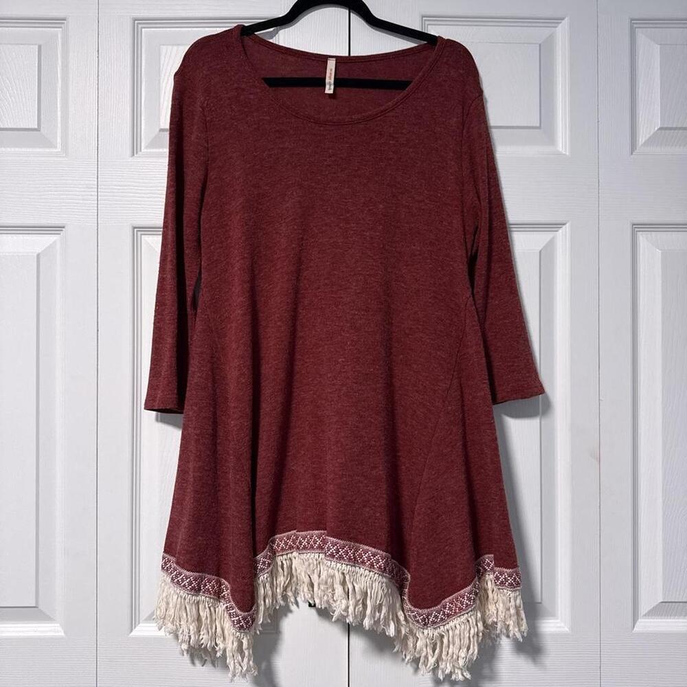 Orange Creek Burgundy tunic with white fringe and geometric trim #tunic #boho